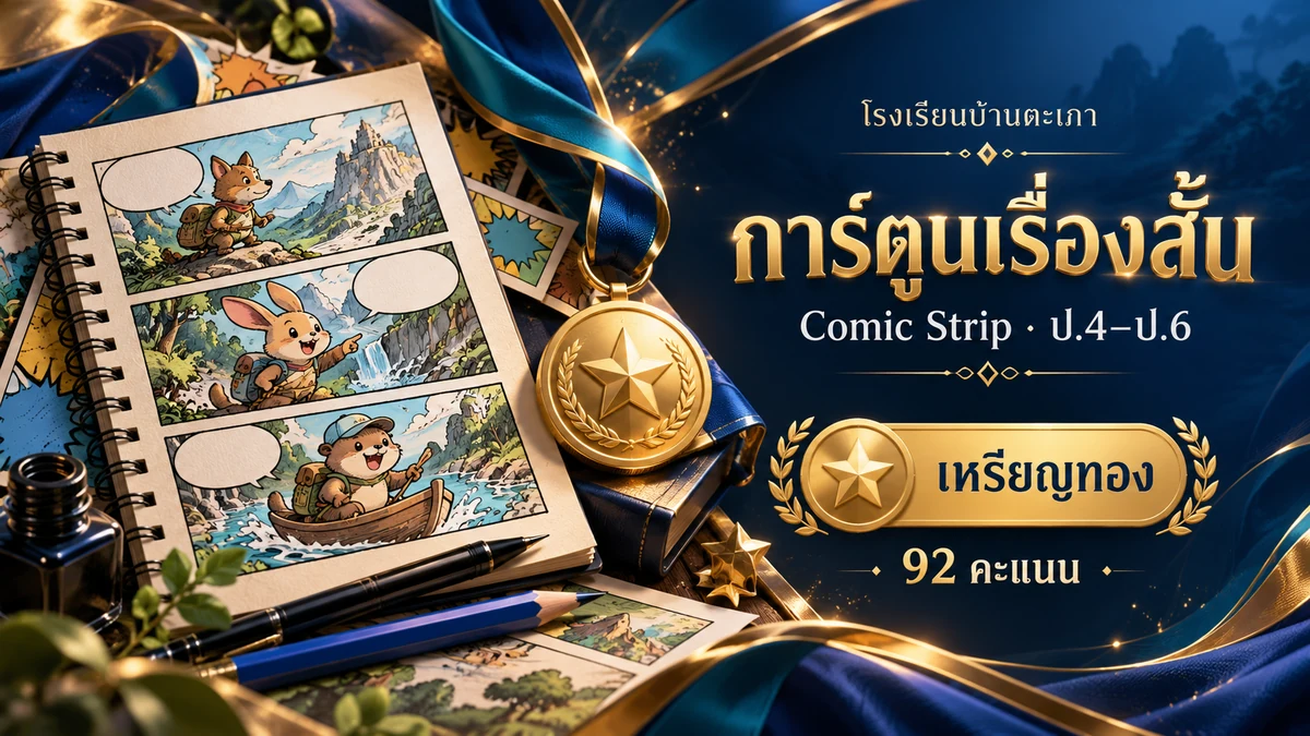 ภาพกราฟิกประกอบ การแข่งขันการสร้างการ์ตูนเรื่องสั้น (Comic Strip) ป.4–ป.6 · เหรียญทอง (92 คะแนน) (สร้างด้วย AI)