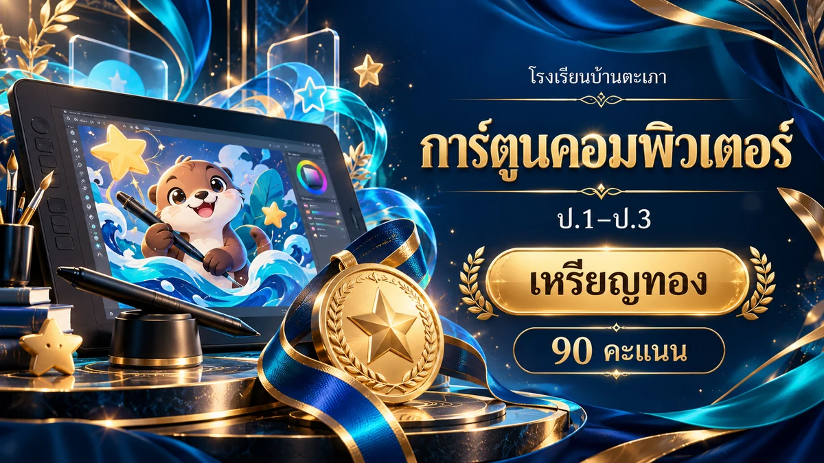 ภาพกราฟิกประกอบ การแข่งขันการสร้างการ์ตูนด้วยโปรแกรมคอมพิวเตอร์กราฟิก ป.1–ป.3 · เหรียญทอง (90 คะแนน) (สร้างด้วย AI)