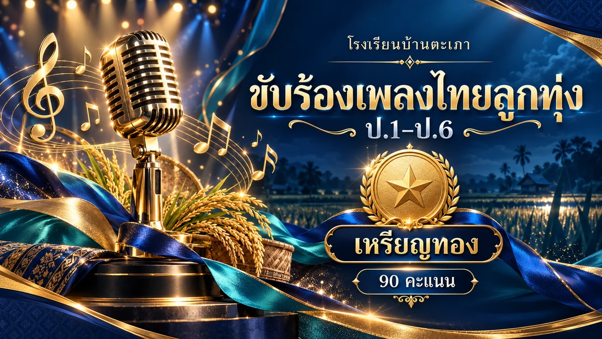 ภาพกราฟิกประกอบ การประกวดการขับร้องเพลงไทยลูกทุ่ง ประเภทนักเรียนที่มีความบกพร่องทางการเรียนรู้ ป.1–ป.6 · เหรียญทอง (90 คะแนน) (สร้างด้วย AI)
