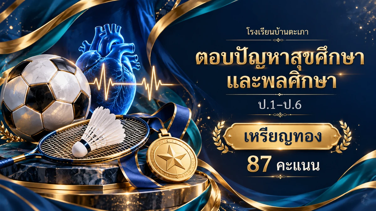 ภาพกราฟิกประกอบ การแข่งขันตอบปัญหาสุขศึกษาและพลศึกษา ป.1–ป.6 · เหรียญทอง (87 คะแนน) (สร้างด้วย AI)