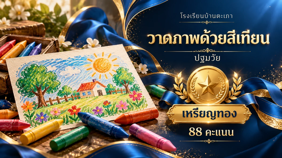 ภาพกราฟิกประกอบ การวาดภาพระบายสีด้วยสีเทียน ปฐมวัย · เหรียญทอง (88 คะแนน) (สร้างด้วย AI)
