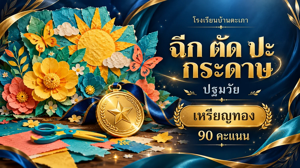 ภาพกราฟิกประกอบ การสร้างภาพด้วยการฉีก ตัด ปะ กระดาษ ปฐมวัย · เหรียญทอง (90 คะแนน) (สร้างด้วย AI)