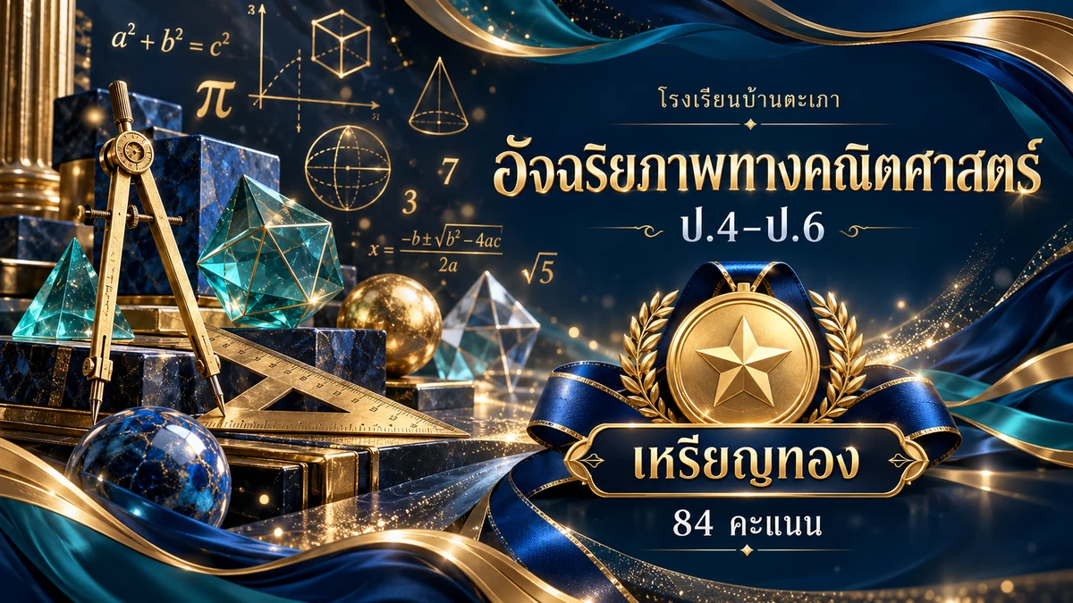 ภาพกราฟิกประกอบ การแข่งขันอัจฉริยภาพทางคณิตศาสตร์ ป.4–ป.6 · เหรียญทอง (84 คะแนน) (สร้างด้วย AI)