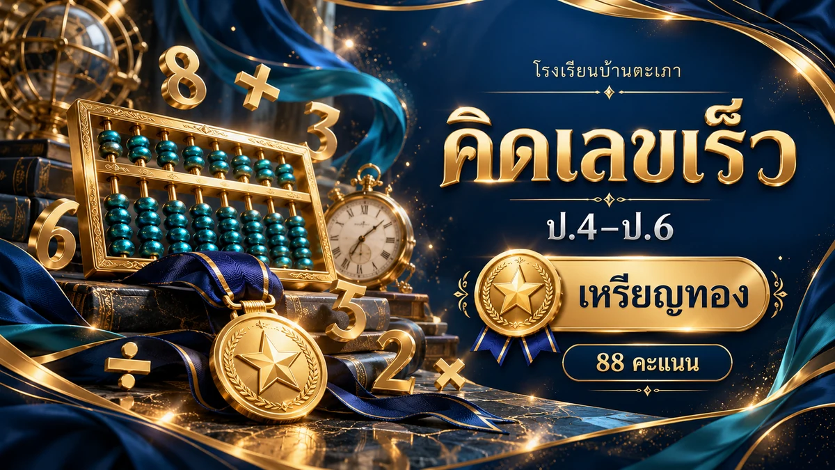 ภาพกราฟิกประกอบ การแข่งขันคิดเลขเร็ว ป.4–ป.6 · เหรียญทอง (88 คะแนน) (สร้างด้วย AI)