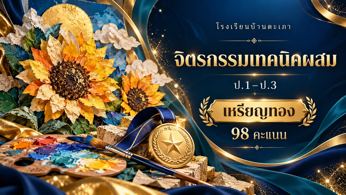 ภาพกราฟิกประกอบ จิตรกรรมเทคนิคผสม (Mixed Media) ป.1–ป.3 · เหรียญทอง (98 คะแนน) (สร้างด้วย AI)