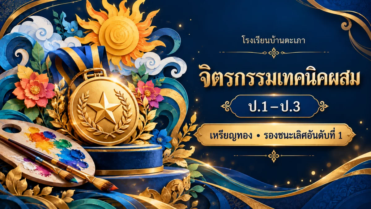 ภาพกราฟิกประกอบ จิตรกรรมเทคนิคผสม (Mixed Media) ป.1–ป.3 · เหรียญทอง รองชนะเลิศอันดับที่ 1 (สร้างด้วย AI)