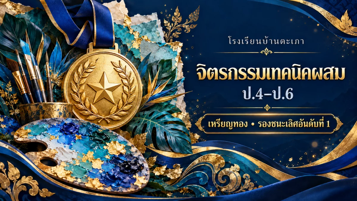 ภาพกราฟิกประกอบ จิตรกรรมเทคนิคผสม (Mixed Media) ป.4–ป.6 · เหรียญทอง รองชนะเลิศอันดับที่ 1 (สร้างด้วย AI)