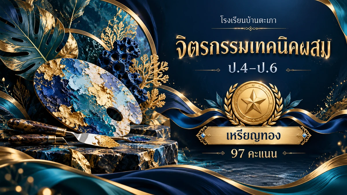ภาพกราฟิกประกอบ จิตรกรรมเทคนิคผสม (Mixed Media) ป.4–ป.6 · เหรียญทอง (97 คะแนน) (สร้างด้วย AI)