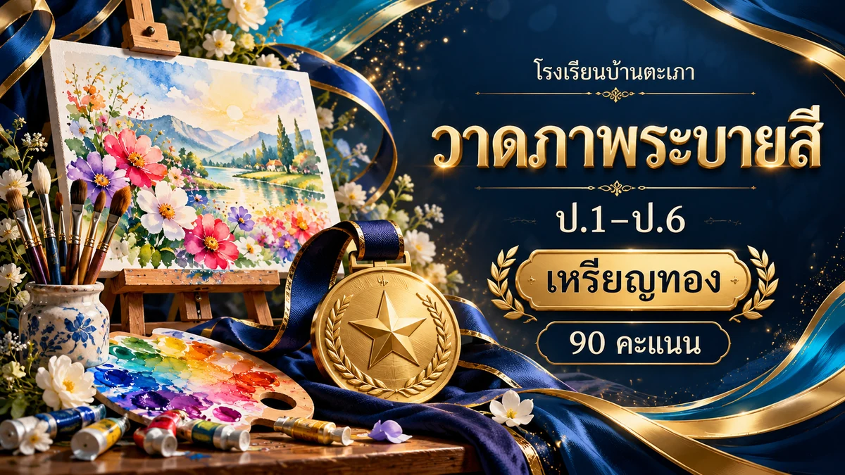 ภาพกราฟิกประกอบ การแข่งขันการวาดภาพระบายสี ประเภทนักเรียนที่มีความบกพร่องทางร่างกายฯ ป.1–ป.6 · เหรียญทอง (90 คะแนน) (สร้างด้วย AI)