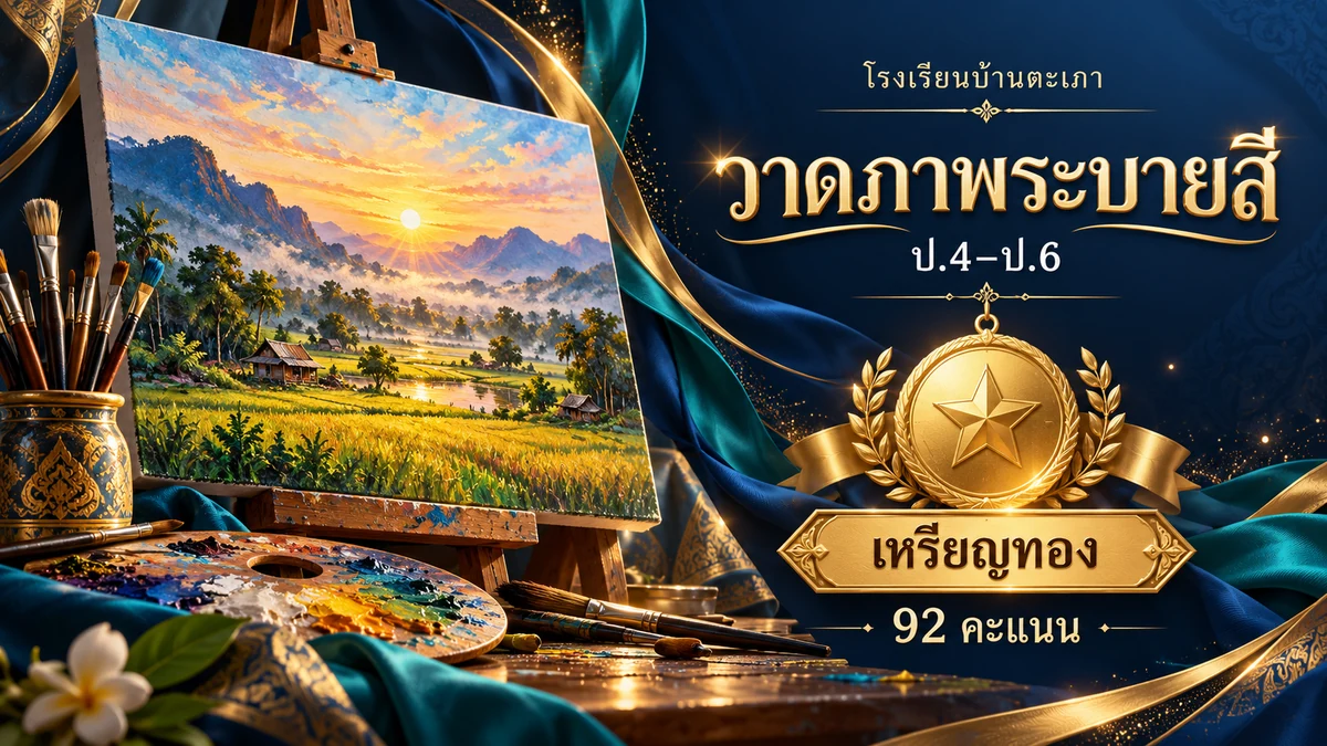 ภาพกราฟิกประกอบ การแข่งขันการวาดภาพระบายสี ป.4–ป.6 · เหรียญทอง (92 คะแนน) (สร้างด้วย AI)