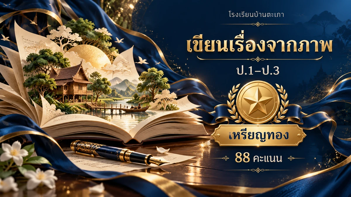 ภาพกราฟิกประกอบ การแข่งขันเรียงร้อยถ้อยความ (การเขียนเรื่องจากภาพ) ป.1–ป.3 · เหรียญทอง (88 คะแนน) (สร้างด้วย AI)