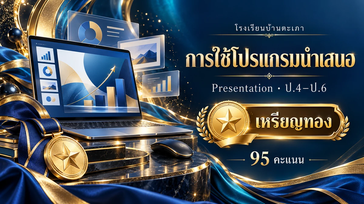 ภาพกราฟิกประกอบ การแข่งขันการใช้โปรแกรมนำเสนอ (Presentation) ป.4–ป.6 · เหรียญทอง (95 คะแนน) (สร้างด้วย AI)