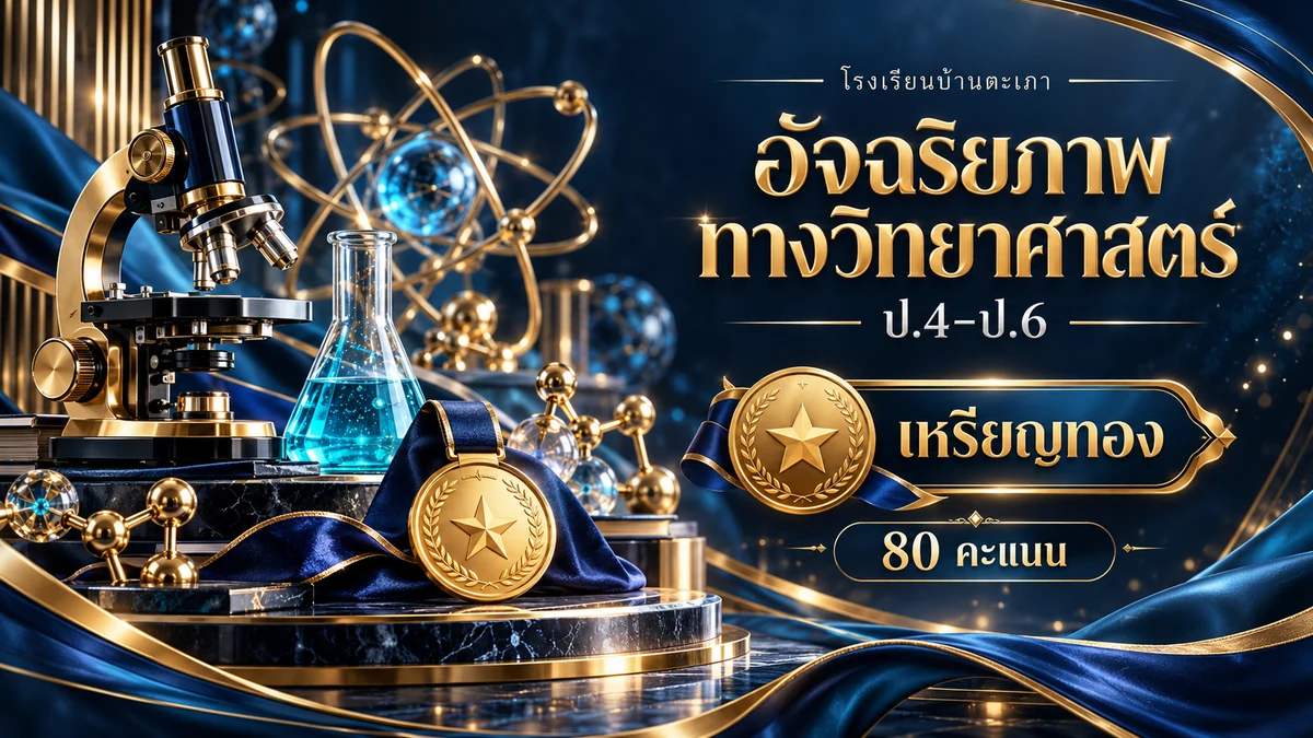 ภาพกราฟิกประกอบ การแข่งขันอัจฉริยภาพทางวิทยาศาสตร์ ป.4–ป.6 · เหรียญทอง (80 คะแนน) (สร้างด้วย AI)