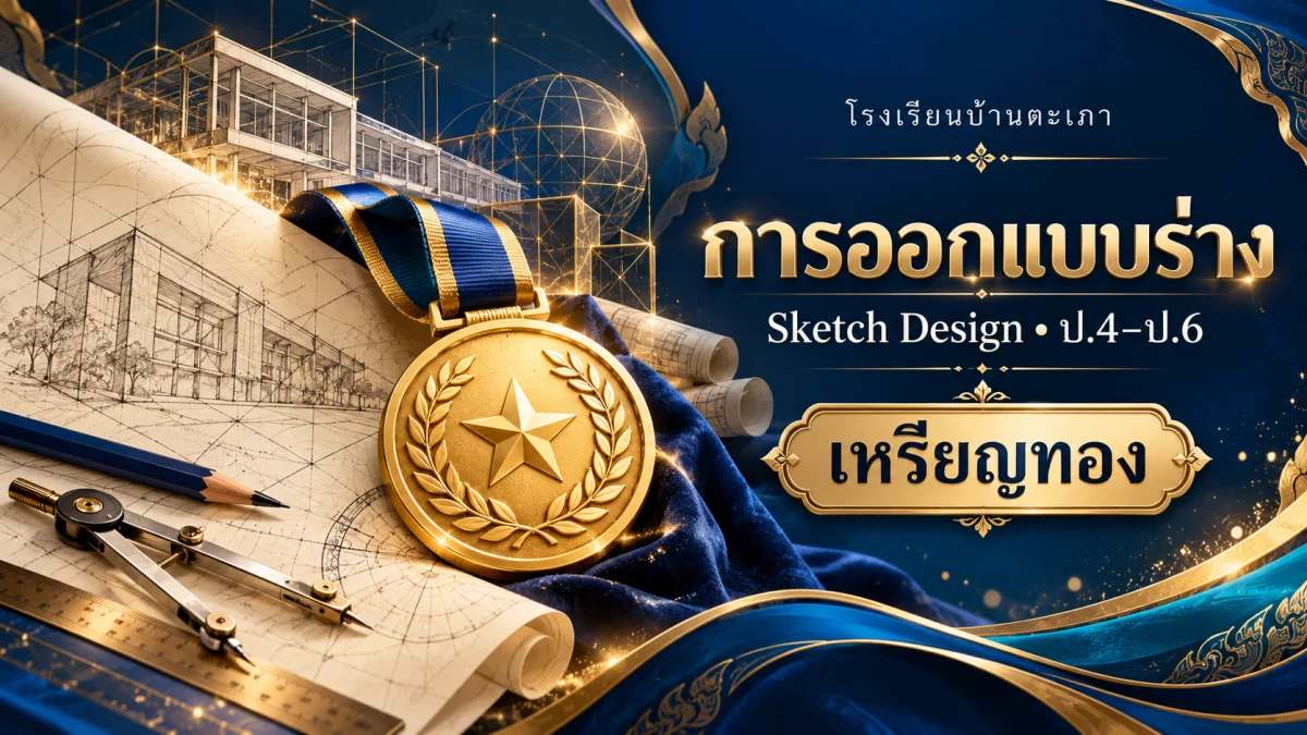 ภาพกราฟิกประกอบ การออกแบบร่าง (Sketch Design) ป.4–ป.6 · เหรียญทอง (สร้างด้วย AI)