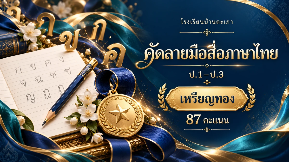 ภาพกราฟิกประกอบ การแข่งขันคัดลายมือสื่อภาษาไทย ป.1–ป.3 · เหรียญทอง (87 คะแนน) (สร้างด้วย AI)