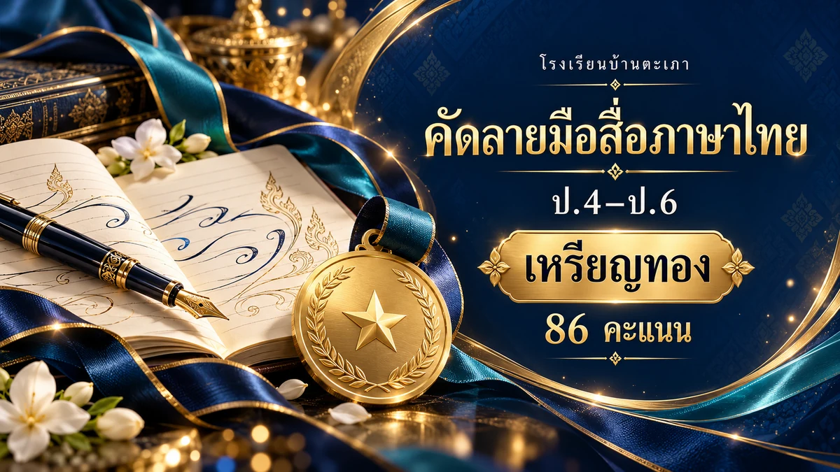 ภาพกราฟิกประกอบ การแข่งขันคัดลายมือสื่อภาษาไทย ป.4–ป.6 · เหรียญทอง (86 คะแนน) (สร้างด้วย AI)