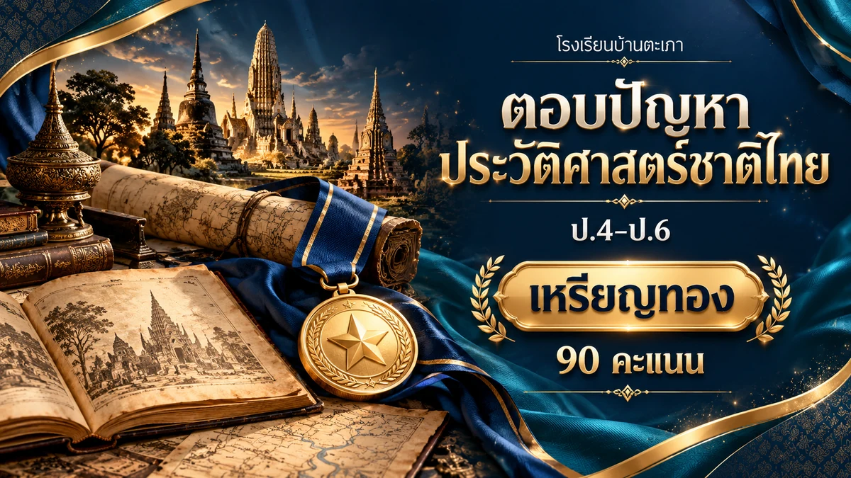 ภาพกราฟิกประกอบ ตอบปัญหาประวัติศาสตร์ชาติไทย ชั้น ป.4–ป.6 · เหรียญทอง (90 คะแนน) (สร้างด้วย AI)
