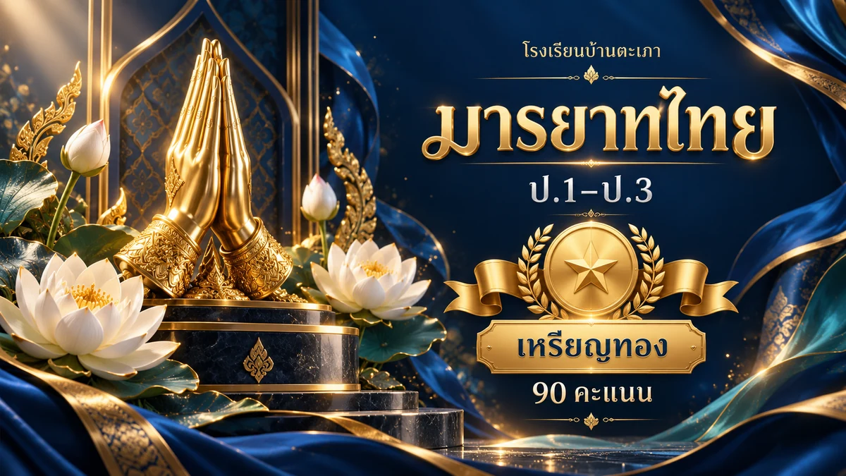 ภาพกราฟิกประกอบ การประกวดมารยาทไทย ป.1–ป.3 · เหรียญทอง (90 คะแนน) (สร้างด้วย AI)