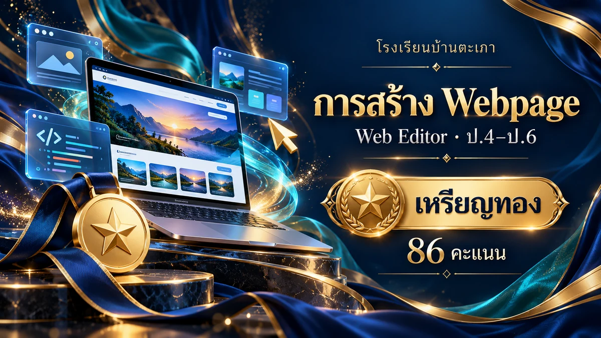ภาพกราฟิกประกอบ การแข่งขันการสร้าง Webpage ประเภท Web Editor ป.4–ป.6 · เหรียญทอง (86 คะแนน) (สร้างด้วย AI)