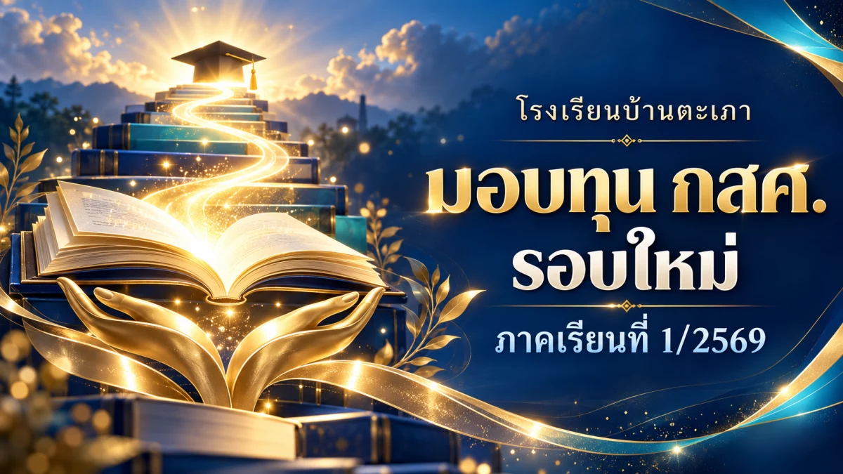 ภาพกราฟิกหนังสือและเส้นทางสู่โอกาสทางการศึกษา ประกอบข่าวมอบทุน กสศ. ภาคเรียนที่ 1/2569 (สร้างด้วย AI)