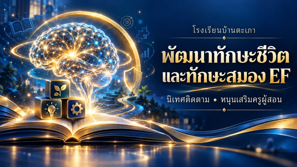 ภาพกราฟิกสมองเรืองแสงและหนังสือ สื่อถึงการพัฒนาทักษะชีวิตและทักษะสมอง EF (สร้างด้วย AI)