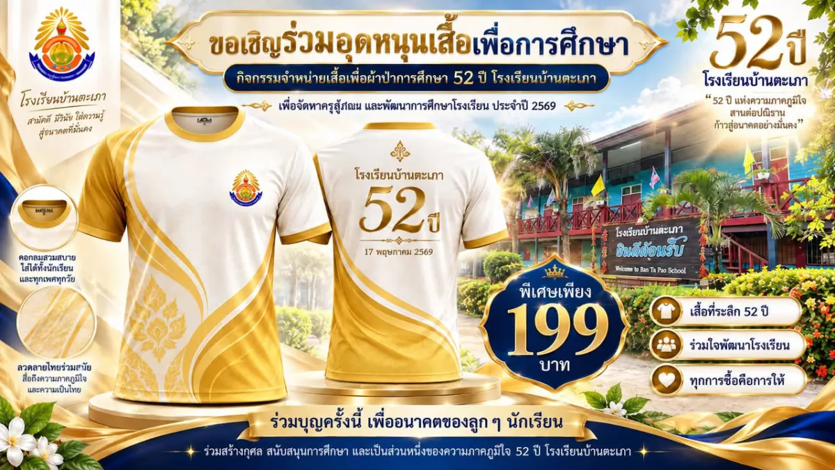 ภาพประชาสัมพันธ์เสื้อที่ระลึก 52 ปี โรงเรียนบ้านตะเภา ราคา 199 บาท