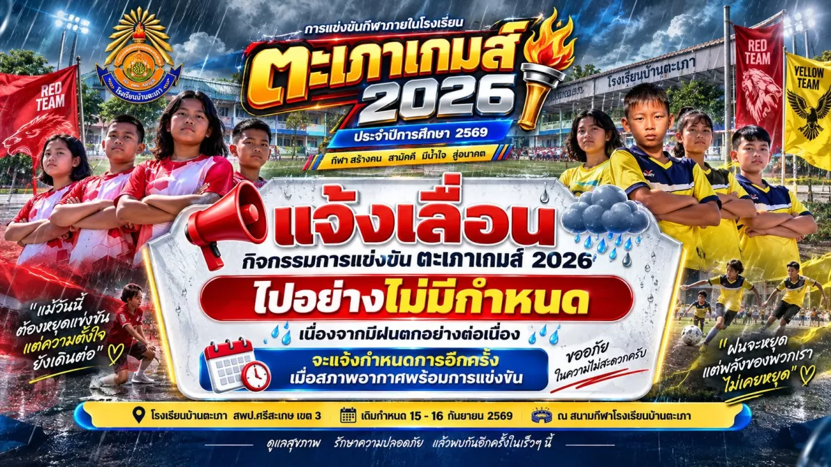 ภาพประกาศแจ้งเลื่อนการแข่งขันกีฬาภายใน ตะเภาเกมส์ 2026
